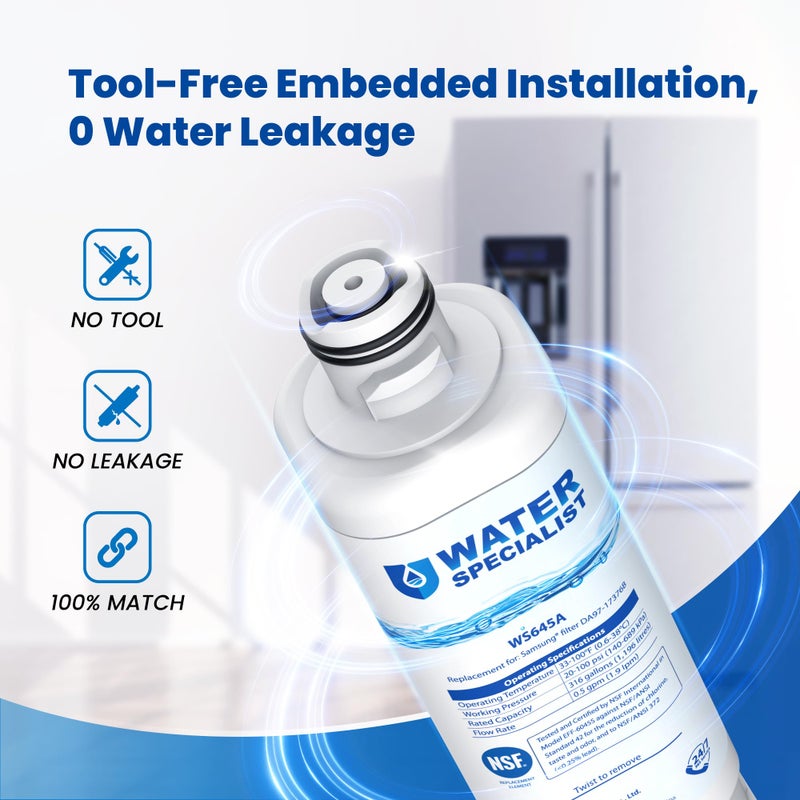 Waterspecialist فلتر مياه ثلاجة بديل Waterspecialist DA97-17376B لـ Samsung HAF-QIN/EXP، HAF-QIN، DA97-08006C، RF28R7351SG، RF23M8070SR، RF23M8070SG، RF23M8090SG، RF28R7201SR (عبوة من 4)  - Image 5